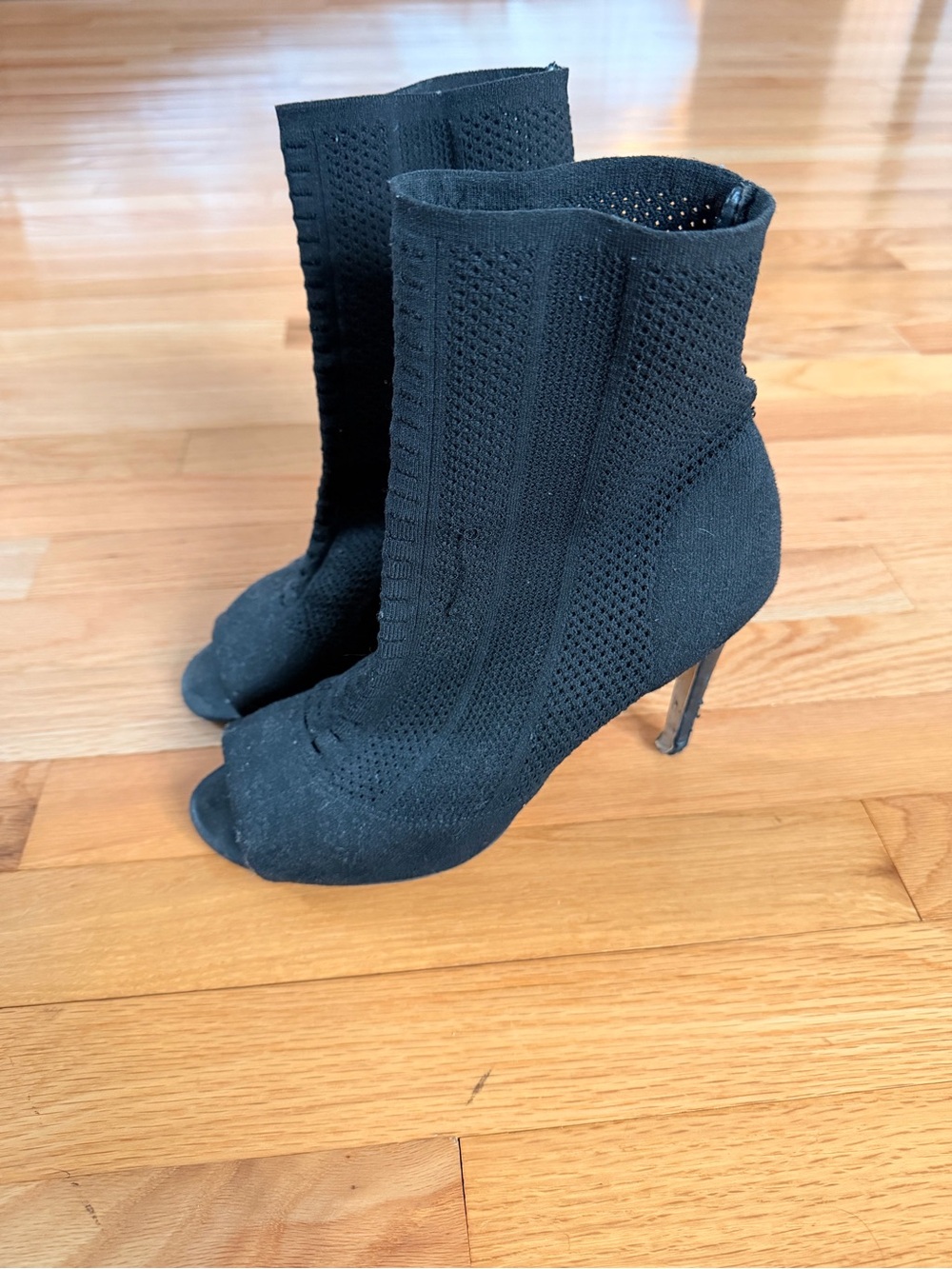 Aldo Black Knit Peep-Toe Sock Boot Heels